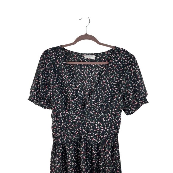 Urban Outfitters Emmy Black Floral V-Neck Ruched Short Sleeve Dress Womens L - Picture 3 of 10